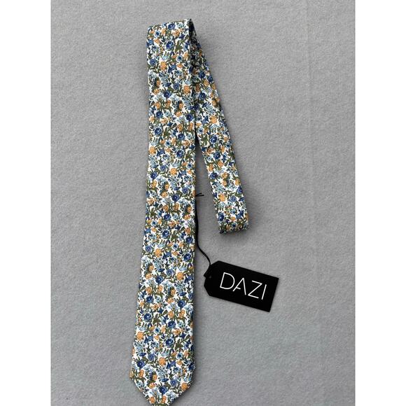 NWT‎ Dazi Mens Alpine Blum floral cotton slim skinny tie blue yellow 2.5" - Picture 1 of 4